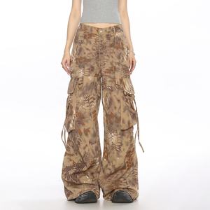 LARSUR Custom Factory Twill <span class=keywords><strong>Camo</strong></span> Slangenhuid Geprint Cargo <span class=keywords><strong>Camo</strong></span> Broek Rechte Baggy Cargo Camouflage Broek Dames - Product Image 1