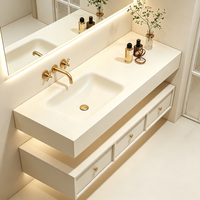 Meuble de salle de bain flottant étanche blanc crème premium avec lavabo intégré en surface solide sans joint