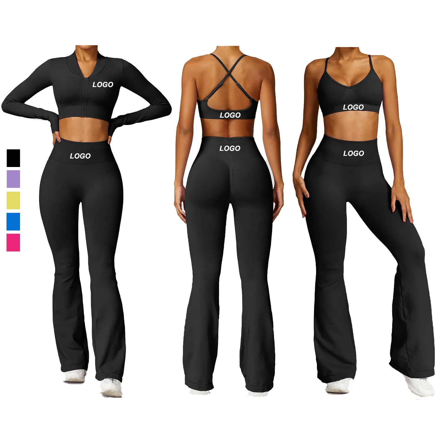 2 uds Fitness gimnasio manga larga Crop Top suelto cintura alta Scrunch Flare diseño sudor correr entrenamiento apretado invierno Pantalones de mujer