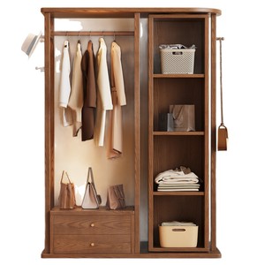 Perchero giratorio de madera maciza con espejo, diseño moderno, armario de almacenamiento independiente para dormitorio con espejo de tocador y cajones - Product Image 5