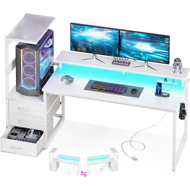 Custom High Quality Home Office PC Gaming Desk Modern White Computer Gaming Table with Drawers/Monitor Stand/CPU Holder