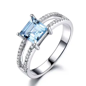 Anelli di modo dei monili del commercio all'ingrosso 925 argento donne anelli di cerimonia nuziale classico quadrato di cielo blu anello di diamanti