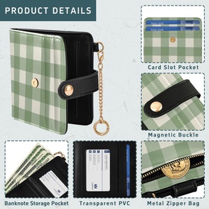 Hawaiian Green Checked Design Small <b>Rfid</b> Zipper Coin Pocket PU Leather Compact Cash Credit Card Holder Travel <b>Wallet</b> for Women - Product Image 4