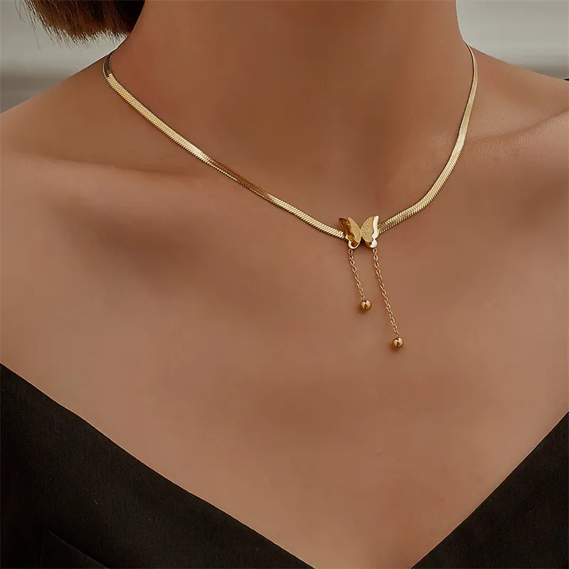 Light Luxury Stainless Steel Real Gold Frosted Butterfly Pendant Necklace Tassel Snake Bone Chain Clavicle Necklace