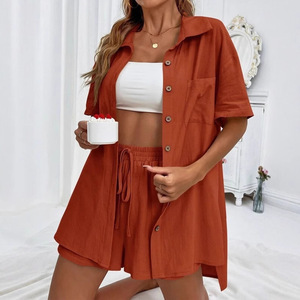 Ensemble décontracté pour femme, chemise à manches courtes et short de couleur unie, avec étiquettes, pantalon cinq-quarts, style japonais et coréen, pour les loisirs - Product Image 4