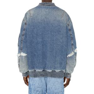 Blouson Bomber en Jean Homme Grande Taille Doublé Rembourré Bleu Délavé Effet Usé et Déchiré avec Fermeture Éclair et Bordures Élastiques – Vente en Gros - Product Image 5