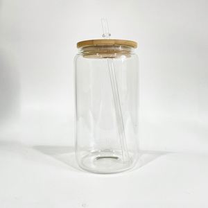 25 Pack 16oz Blank Sublimation clear Beer Can Glass <b>Cup</b> with Bamboo <b>Lid</b> <b>and</b> <b>Straw</b> Suitable for Hot Printing - Product Image 2
