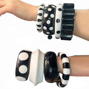 Ensemble de bracelets vintage en résine acrylique géométrique, noir et blanc, à pois et rayés, bijoux fantaisie faits à la main, unisexes, pour femme - Product Image 1