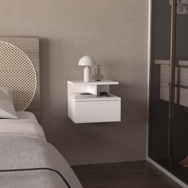 White 1-Drawer Floating Nightstand Wall Mounted Bedroom Storage Shelf