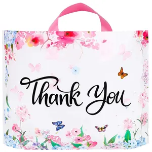Custom Wholesale 50 Pack Floral Thank You Plastic Handle Bags With Soft Loop Handle Thank You Shopping Bags