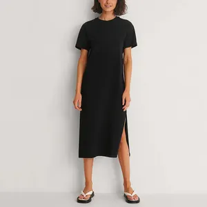 Custom Casual Summer Women's 100% Cotton Short Sleeve T Shirt Slit Detail Midi Dress