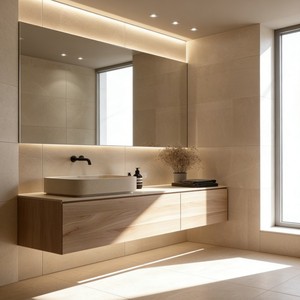 Mobile da Bagno Sospeso in <span class=keywords><strong>Legno</strong></span> |   Mobile in <span class=keywords><strong>Legno</strong></span> <span class=keywords><strong>Naturale</strong></span> + Lavandino |   Design con illuminazione a LED per bagni di piccole dimensioni - Product Image 6