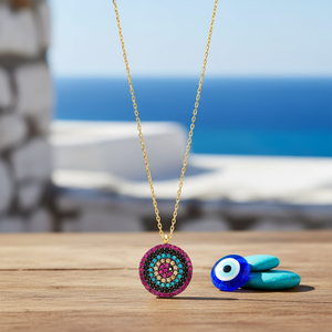 Colgante de Plata de Ley 925 Bañado en Oro con Diseño de Ojo Redondo y Circonitas, Hecho a Mano en Turquía - Product Image 3