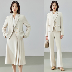 Women's Beige Suit Set With Jacket And Skirt Or Pants For Office Commute Spring Autumn Anti-Wrinkle Polyester Fabric - Product Image 1