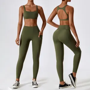 YIYI 운동복 제조 업체 알몸 느낌 체육관 피트니스 세트 포켓 레깅스 세트 여성 스포츠웨어