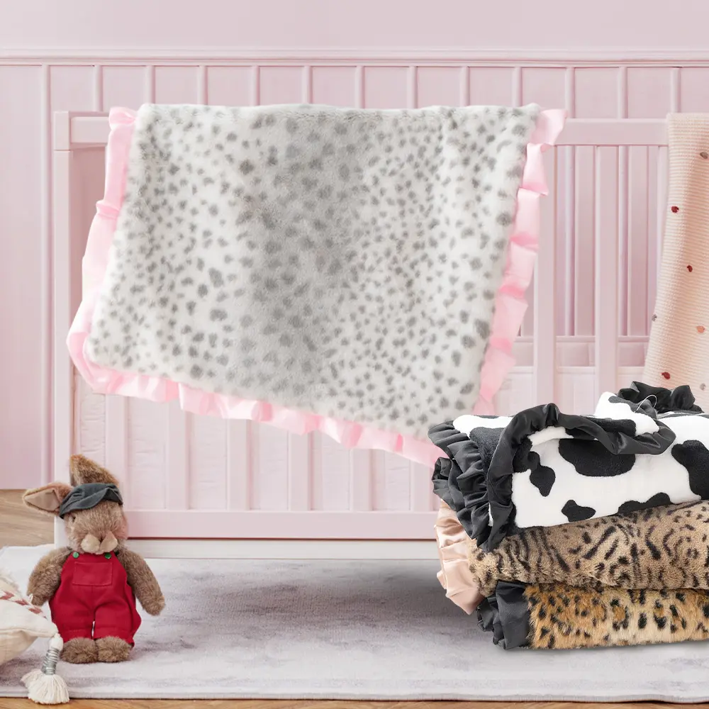 Couverture en vison pour nouveau-né, Super polaire chaude, Micro Minky léopard, avec support en Satin soyeux rose