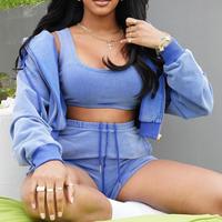 Veste à capuche zippée pour femmes, haut court personnalisé de couleur bleue, tenue courte-vêtements de sport en coton longs pour tailles plus saisonniers-hiver été