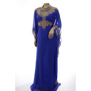 Abaya Azul Sólido de Poliéster con Cuentas, Manga Larga, Cuello Alto, Estilo Oriente Medio, Tallas Grandes para Mujer, Ideal para Noche de Eid - Product Image 1