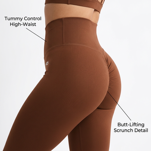 Women Premium Espresso Brown Seamless Yoga Set with Ruched V Neck Sports Bra and <b>Booty</b> Scrunch High Waist Sculpting <b>Leggings</b> - Product Image 6