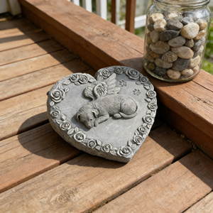 Pierre commémorative en résine en forme de cœur de chiot ange tendre, statue de chien de jardin ornée de roses, accent sentimental pour la cour extérieure - Product Image 5