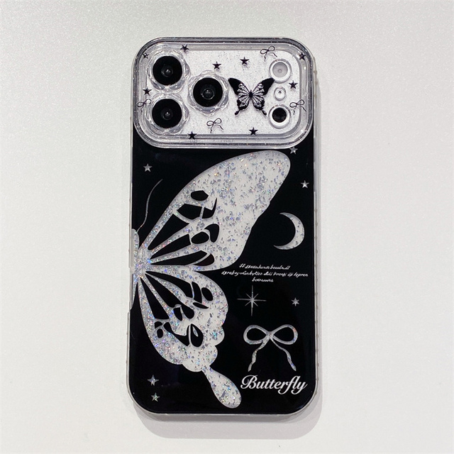 Bling Glitter Butterfly Phone Case with Star and Bow Print Clear for iPhone 17 16 15 14 13 Promax Shockproof Protective Cover