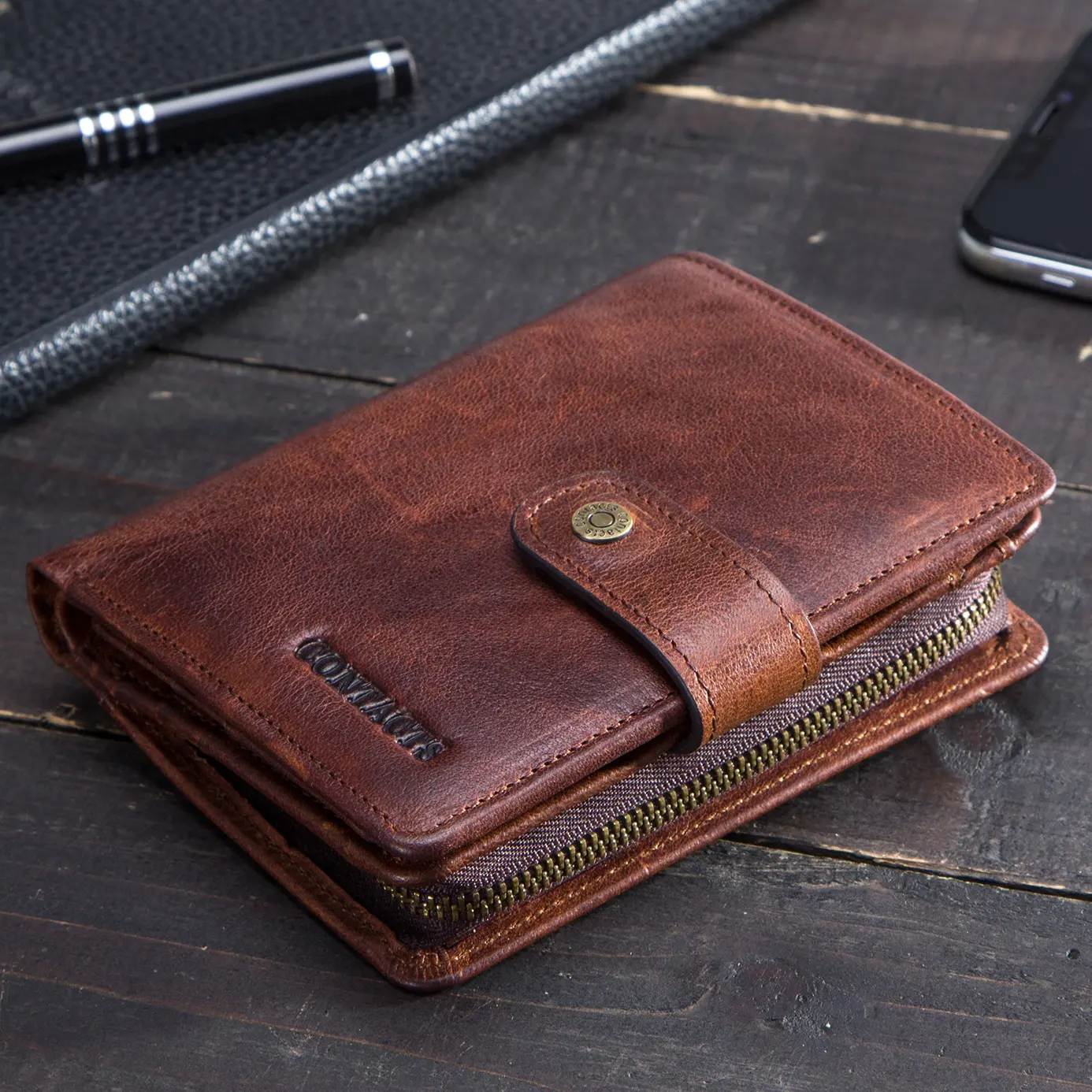 Contact's Luxury Vintage Mens Crazy Horse Portefeuille porte-cartes RFID en cuir véritable Porte-monnaie Portefeuille en cuir pour femmes hommes