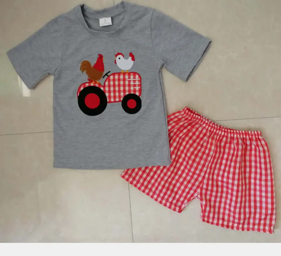 2021 verano masculino bebé de algodón puro boutique de manga corta pantalones cortos traje de camión gris bordado rojo plaid pantalones cortos