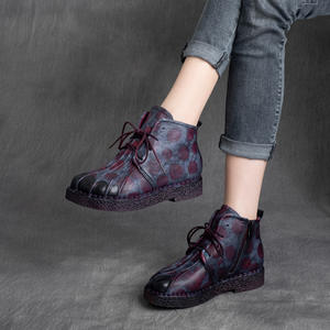 รองเท้าบูทส้นแบนแบบผูกเชือก สไตล์ชาติพันธุ์ย้อนยุค หนังวัวแท้ พื้นนุ่ม สีสันตัดกัน สำหรับผู้หญิง คอลเลคชั่นฤดูใบไม้ร่วง - Product Image 3