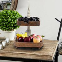Plateau de service rustique en bois fait main à 2 niveaux, panier à fruits, support à gâteau décoratif en bois, plateau à deux niveaux avec poignée en métal