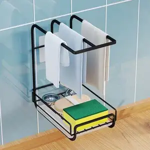 Home 3 pole Kitchen Sink Organizer Sponge Holder with Towel Rack Drain Pan for Bathroom Storage Brush Soap Dish drying