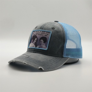 Promotional Price Sports Distress Denim Caps Hook <strong>and</strong> <strong>Loop</strong> <strong>Closure</strong> Printed Patches 6 Panel Trucker Hats - Product Image 1