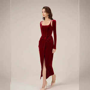 Autumn Winter French Retro Two-Piece Set Long Velvet Gown Dress Suspender Long Slit Kink Waist Skirt Sweet Plus Solid Order - Product Image 2