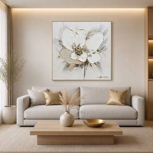 <span class=keywords><strong>Quadri</strong></span> su Tela 3D con Fiori Testurizzati, Dipinti Floreali Bianchi con Accenti Dorati, Decorazione Moderna Incorniciata - Product Image 6