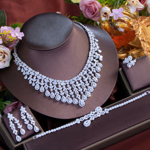 الفضة مطلي مكعب زركونيا النيجيري الزفاف لونغ ليف مجوهرات شرابة مجموعة حلقة قلادة أقراط سوار للعرائس - Product Image 4