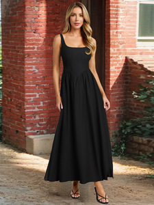 Robe longue décontractée pour <span class=keywords><strong>femme</strong></span>, col <span class=keywords><strong>carré</strong></span> minimaliste, sans manches, dos smocké, <span class=keywords><strong>coupe</strong></span> évasée fluide, couleur unie, pour les brunches en station balnéaire et le quotidien - Product Image 3