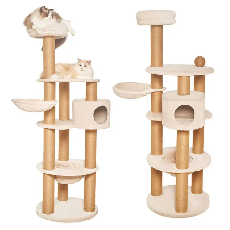 2023 Modern Luxury Pet Wooden Tree House Sisal Rope Scratch Posts Cat Climbing Frame Natural Cat Trees for Big Cats