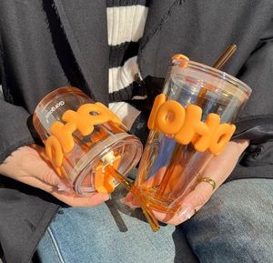 Tasse en verre haute de conception mignonne tasse portative d'étudiant de verrerie avec la bouteille d'eau portative en plastique de paille - Product Image 6