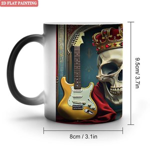 Taza de Cerámica Negra Esmerilada de 11 oz, Termosensible, con Diseño Artístico de Calavera, Corona y Guitarra - Product Image 1