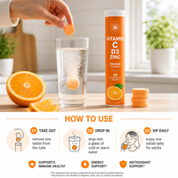 Comprimés effervescents à la vitamine C + vitamine D3 + zinc, triple défense immunitaire, saveur orange, OEM, étiquette privée, effervescent