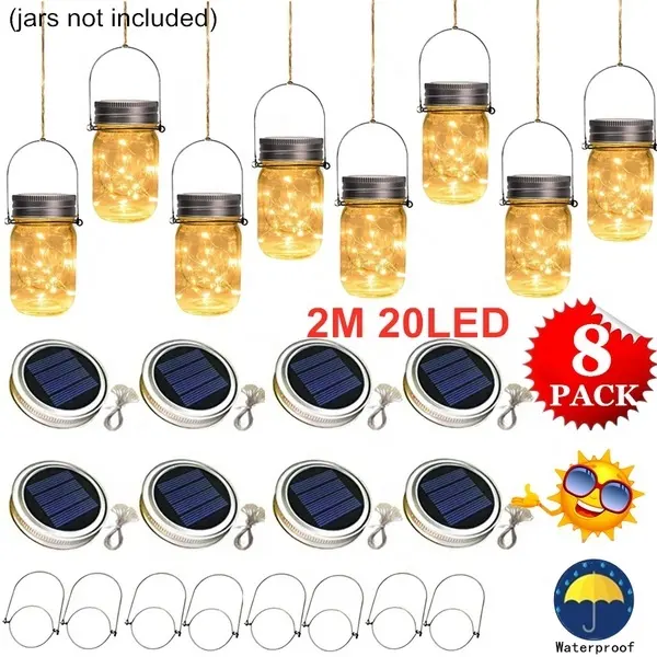 Solar Mason Jar Verlichting Met 8 Handgrepen, 10 Led String Fairy Vuurvlieg Lights Deksels Insert Voor Regelmatige Mond Potten, Mason Jar