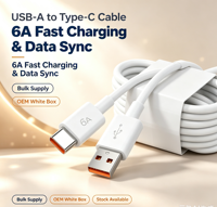 Câble USB-A vers Type C à charge rapide 6A, en PVC avec boîte de vente au détail, protection anti-tension renforcée, 1M 2M pour téléphone Android, voiture, OEM, vente en gros