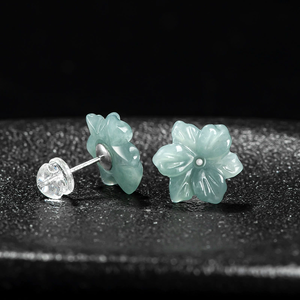 Pendientes de Jade Natural Auténtico de Grado A, Diseño de Flor de Lirio Azul, Pétalos de Jade de Grado Hielo, Plata S925, Estilo Tradicional para Mujer - Product Image 3