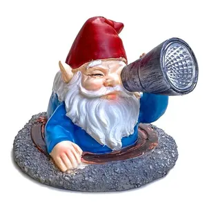 Funny Garden Gnome Statue in Manhole Cover With Solar Light Outdoor Resin Crafts