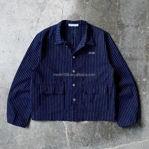 Custom Tailored Lightweight 10 Oz Button up <b>Denim</b> <b>Jackets</b> Streetwear Oversized <b>Cropped</b> Fit Raw Stripe <b>Denim</b> <b>Jacket</b> for Men - Product Image 1