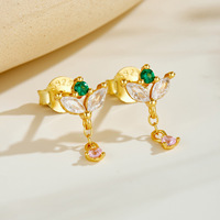 Boucles d'oreilles pendantes élégantes en argent 925 plaqué or 18 carats, motif feuille, avec zircon vert CZ taille marquise