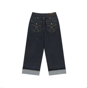 Vaqueros anchos de mezclilla cruda 100% algodón de alto gramaje con bordado de botones, estilo hip hop, lavados, para hombre, streetwear, con solapa, invierno y otoño - Product Image 3