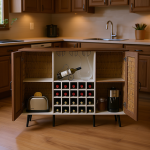 Armoire à vin en noyer rustique avec porte double en faux rotin blanc, étagères amovibles, support à verres, rangement de cuisine - Product Image 2