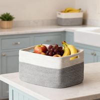 Lot de 5 paniers de rangement en corde de coton tressée avec poignées, design rectangulaire pour l'organisation du placard, du garde-manger et de la salle de bain - Gris et blanc