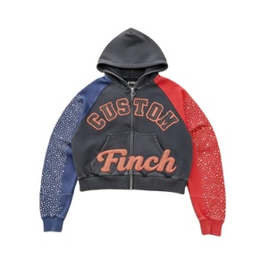 Felpe con Cappuccio Finch con Applicazioni Ricamate, Cotone Pesante, Stile <span class=keywords><strong>Vintage</strong></span> Y2k, Nero con Cerniera e Strass - Product Image 3