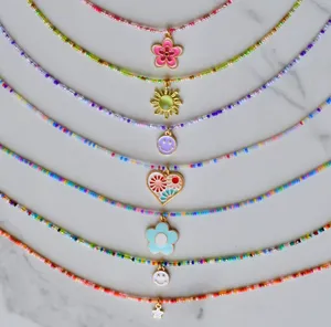 Collares de Moda con Colgante para Mujer, Joyería con Cuentas y Dijes de Esmalte, Gargantilla con Carita Feliz, Rayo, Flor, Corazón de Amor, Mariposa y Champiñón - Product Image 1